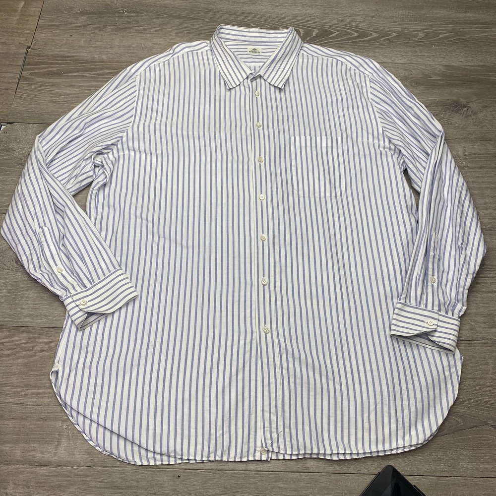 Borrelli Dress Shirt Men 20-39 Blue White Stripe Regular Fit Long Sleeve Cotton